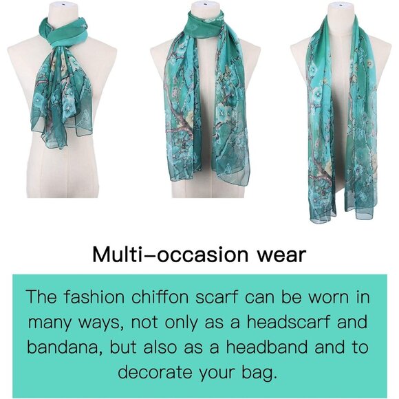 Women's Dark Green Fashion Lightweight Head Scarf Floral Print Chiffon Scarf - Picture 4 of 7